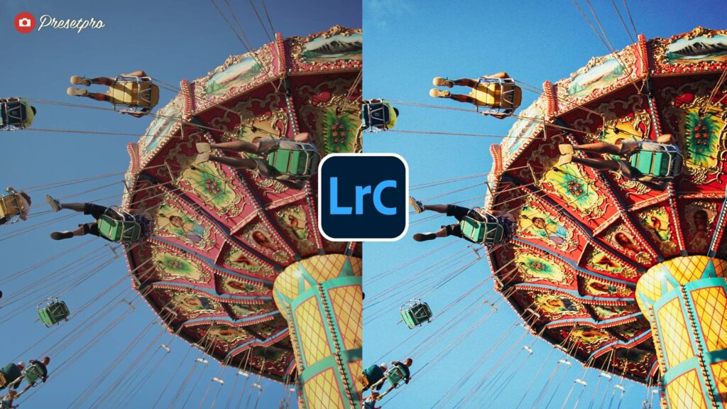 Before and after comparison of a colorful carnival swing ride edited with the Kodak Max 800-inspired Lightroom preset, showcasing vibrant colors, bold contrast, and a nostalgic film look in Adobe Lightroom Classic.