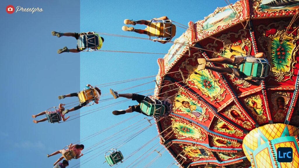 Split view showing a carnival swing ride before and after applying the Kodak Max 800-inspired Lightroom preset, highlighting a dramatic boost in saturation, warmth, and nostalgic film-like color tones.