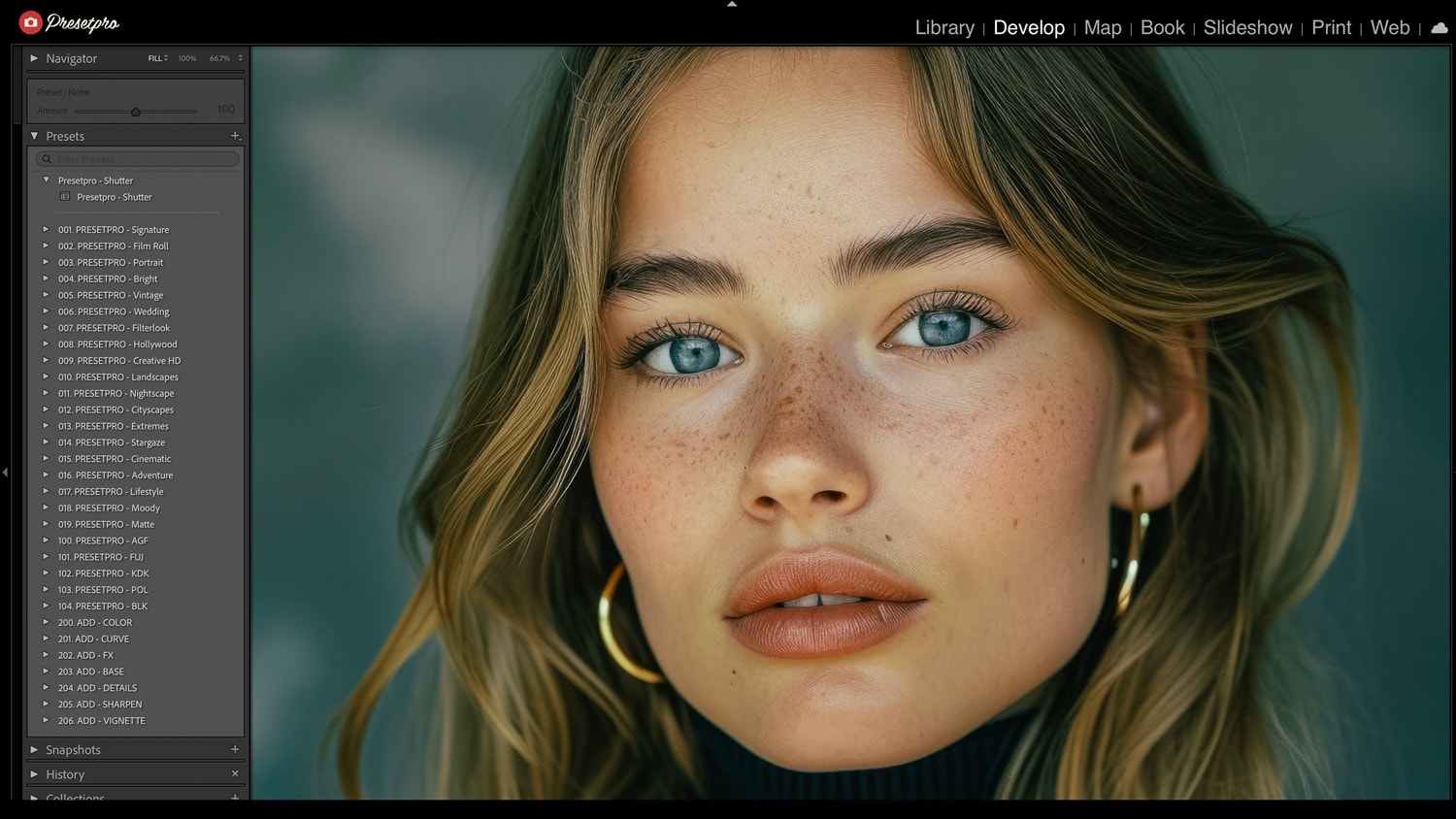 Beautiful portrait of a woman edited with the Free Lightroom Preset “Shutter” by Presetpro, showing vibrant colors, sharp details, and natural skin tones in Adobe Lightroom’s Develop module.
