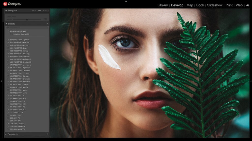 Portrait of a woman with natural makeup and a green leaf partially covering her face, edited with the Fujichrome Provia 400F – Inspired Lightroom Preset in Adobe Lightroom.