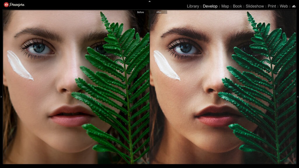 Before and after comparison of a close-up portrait edited with the Fujichrome Provia 400F Inspired Lightroom Preset, showcasing enhanced colors and fine detail.