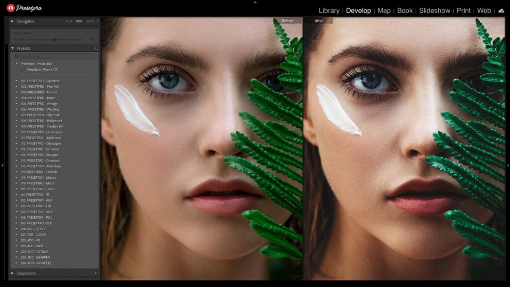 Side-by-side portrait comparison showing Fujichrome Provia 400F Inspired Lightroom Preset’s vibrant colors and fine grain simulation.