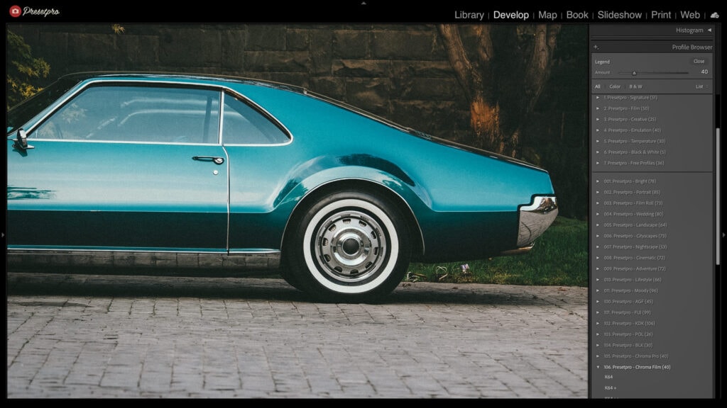 Before and after look using the Kodak Ektachrome Fade Lightroom Preset on a classic teal car