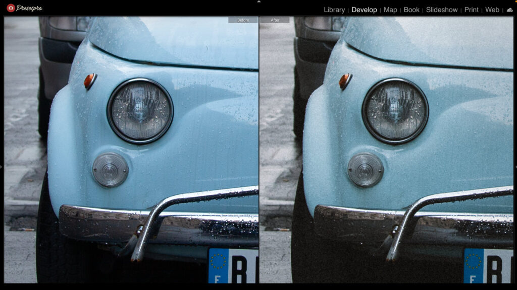 Before and After close-up showing the Moody Fuji Lightroom Preset