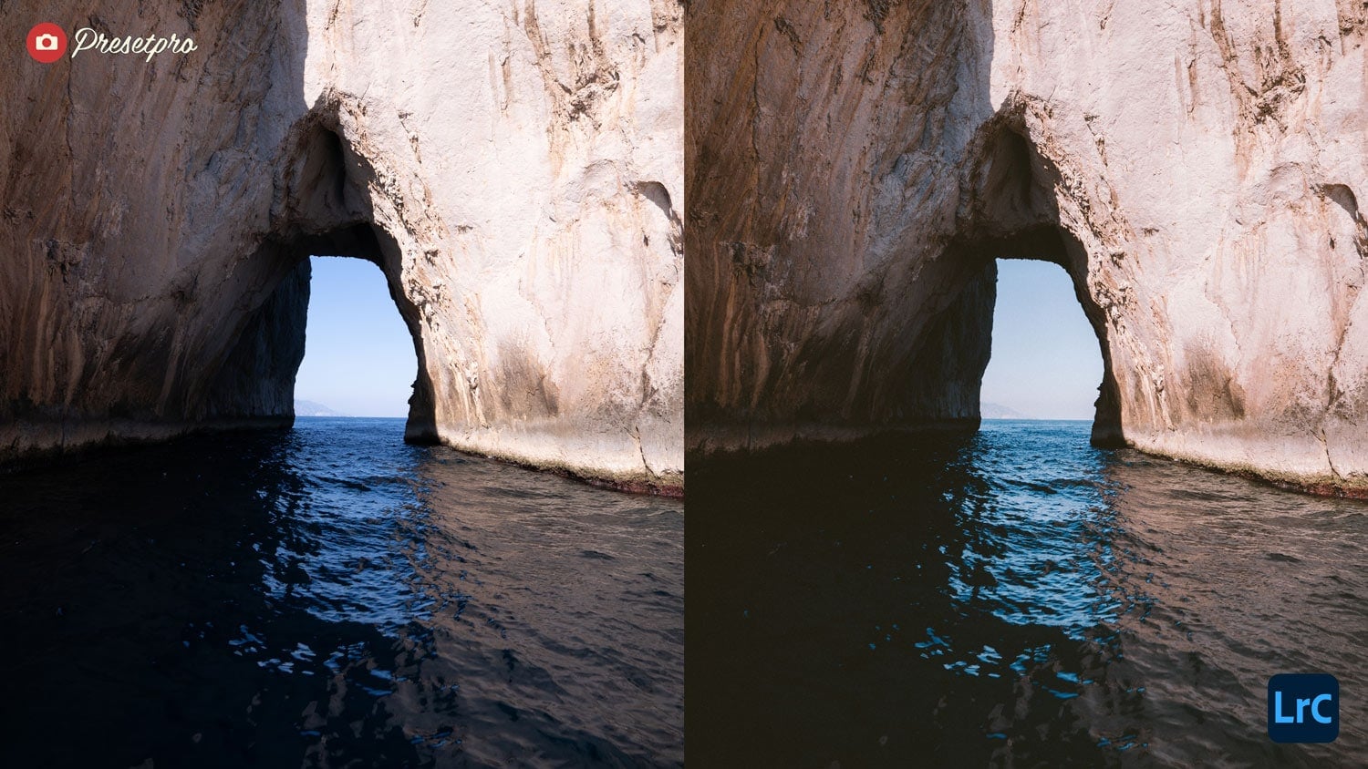 Before and after coastal rock photo edited with the 35mm Fade Lightroom preset