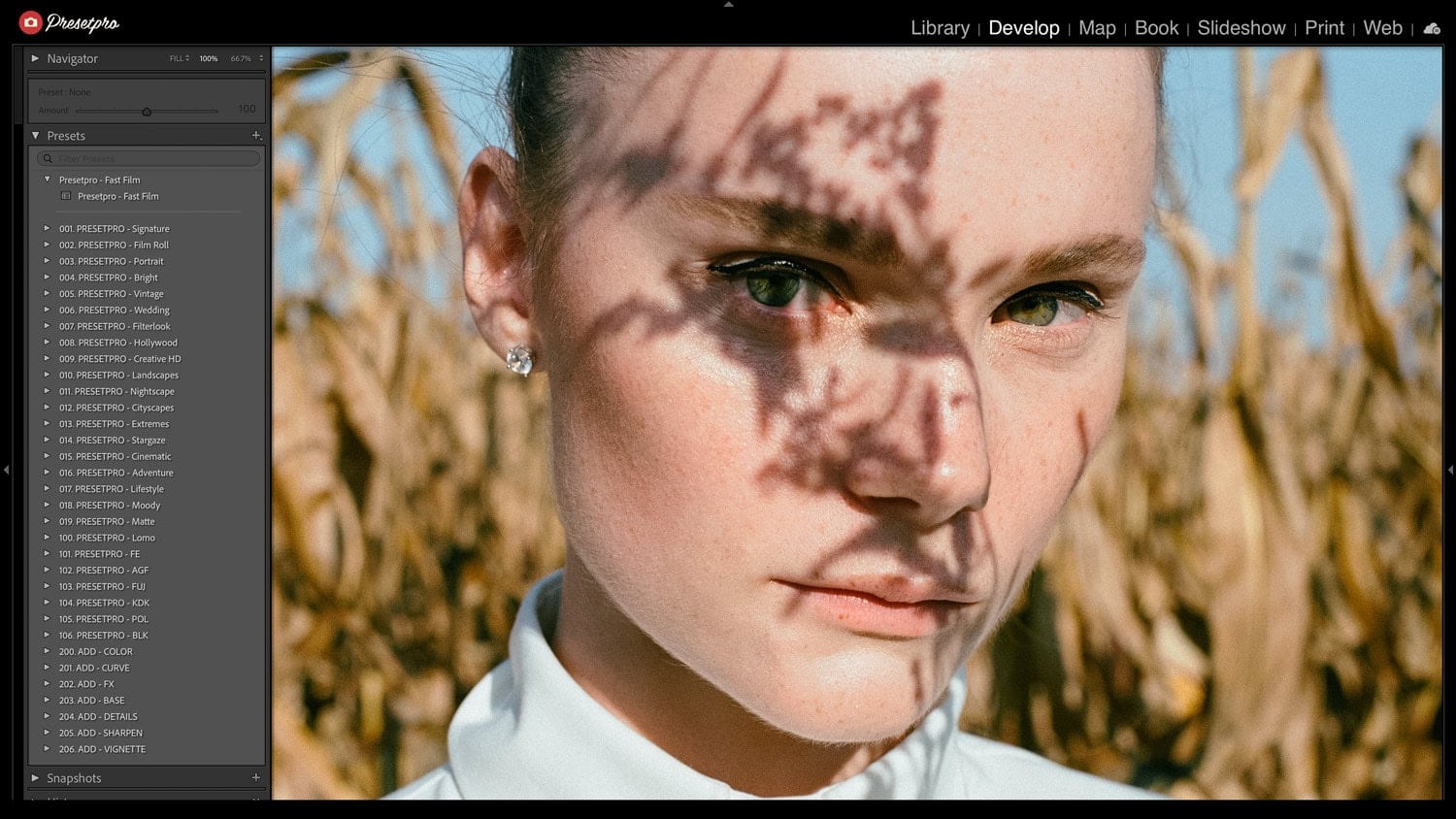 Lightroom interface showing Fast Film preset applied to a portrait