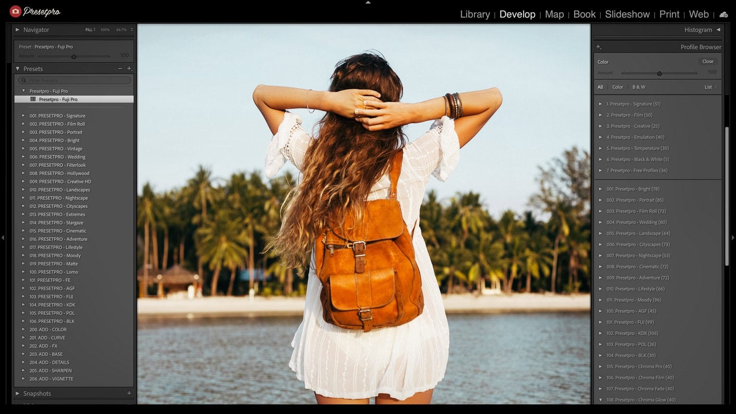 Lightroom interface showing Fuji Pro preset applied to a travel photo