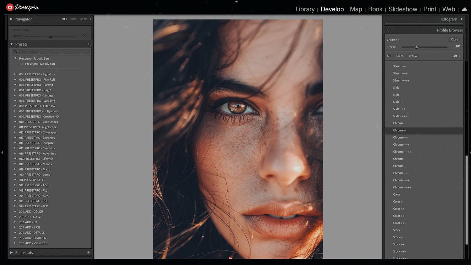 Lightroom interface showing Moody Sun preset applied to a portrait