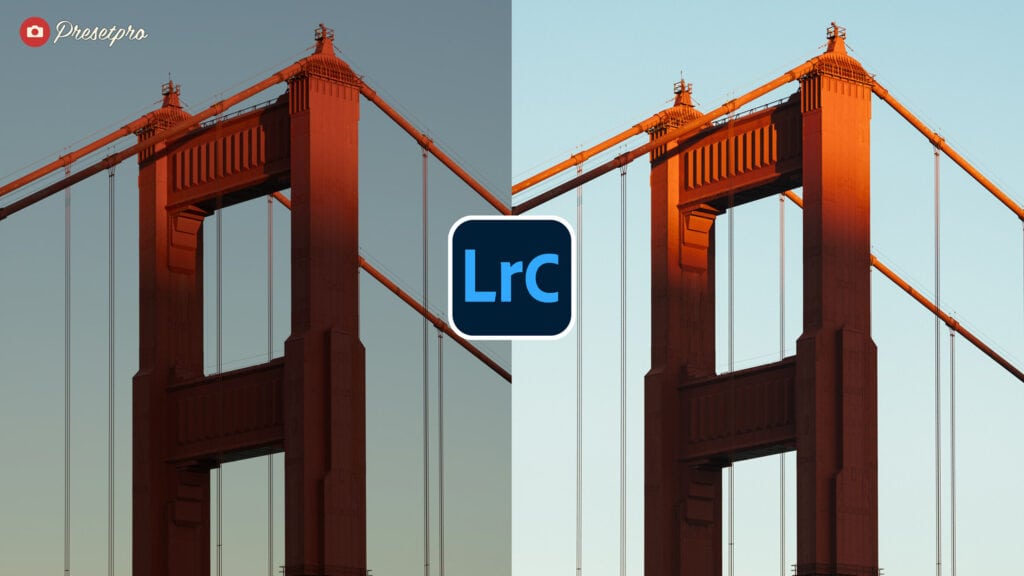 Before and after comparison of the Astia Film Free Lightroom Preset applied to the Golden Gate Bridge in sunset light