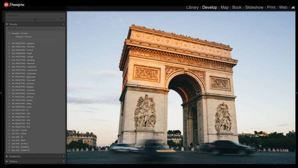 Vibrant Lightroom presets applied to enhance the Arc de Triomphe scene.