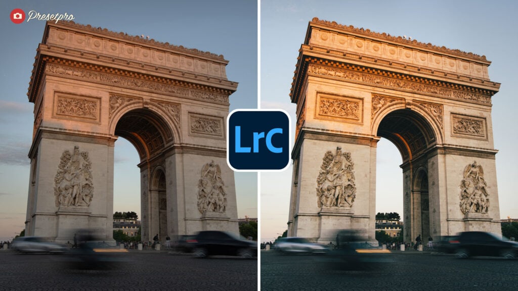 Beautiful Lightroom preset enhances sunset colors on Arc de Triomphe.