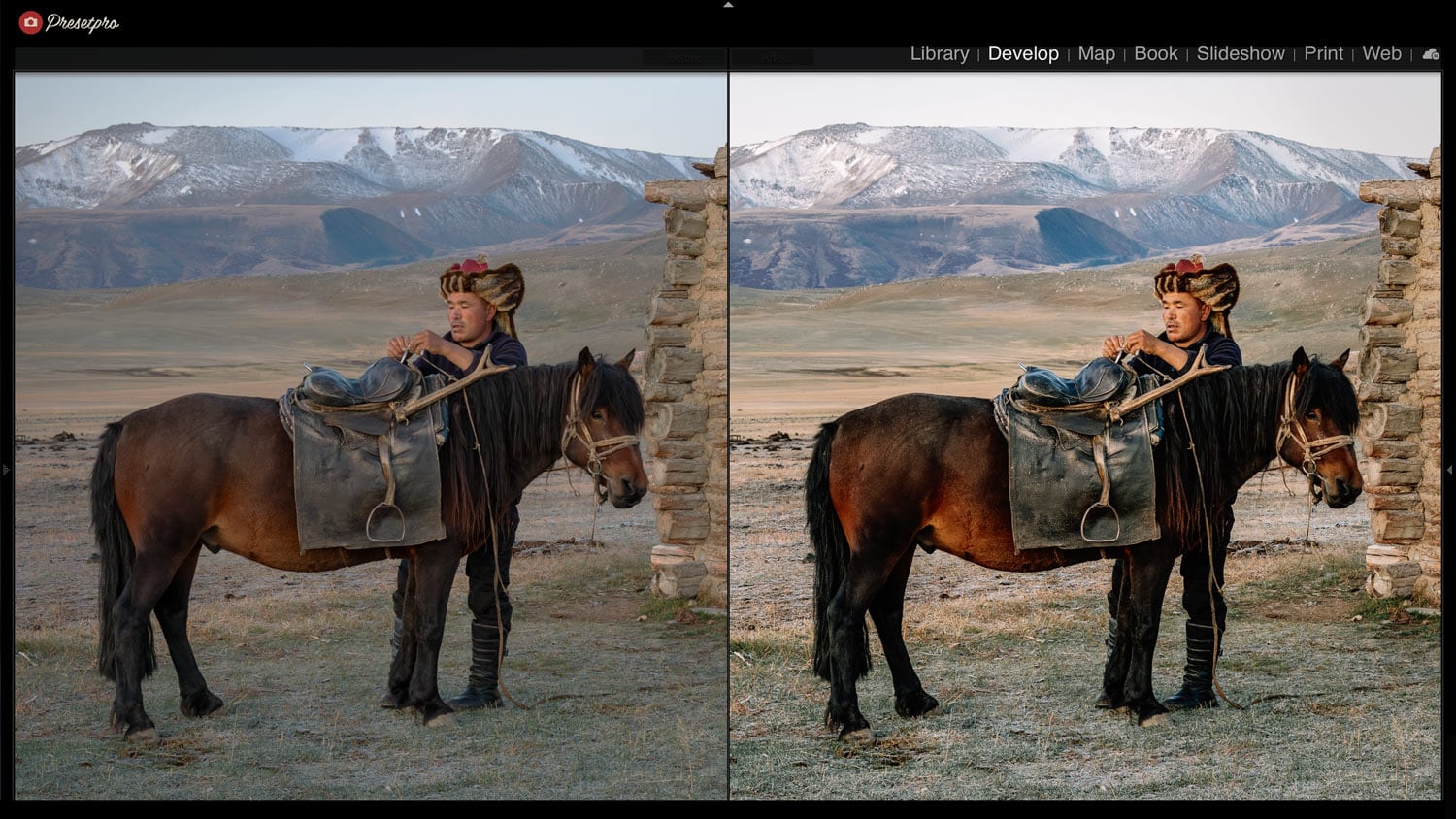 Mongolian man with horse in scenic mountain and valley landscape, enhanced with beautiful Lightroom presets.