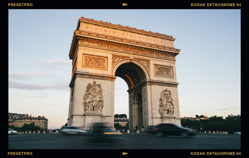 Vibrant Lightroom presets applied to enhance the Arc de Triomphe scene.