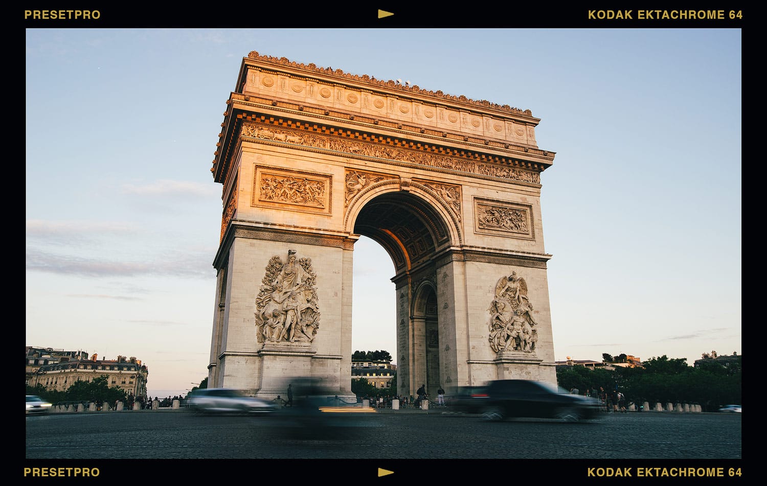 Vibrant Lightroom presets applied to enhance the Arc de Triomphe scene.