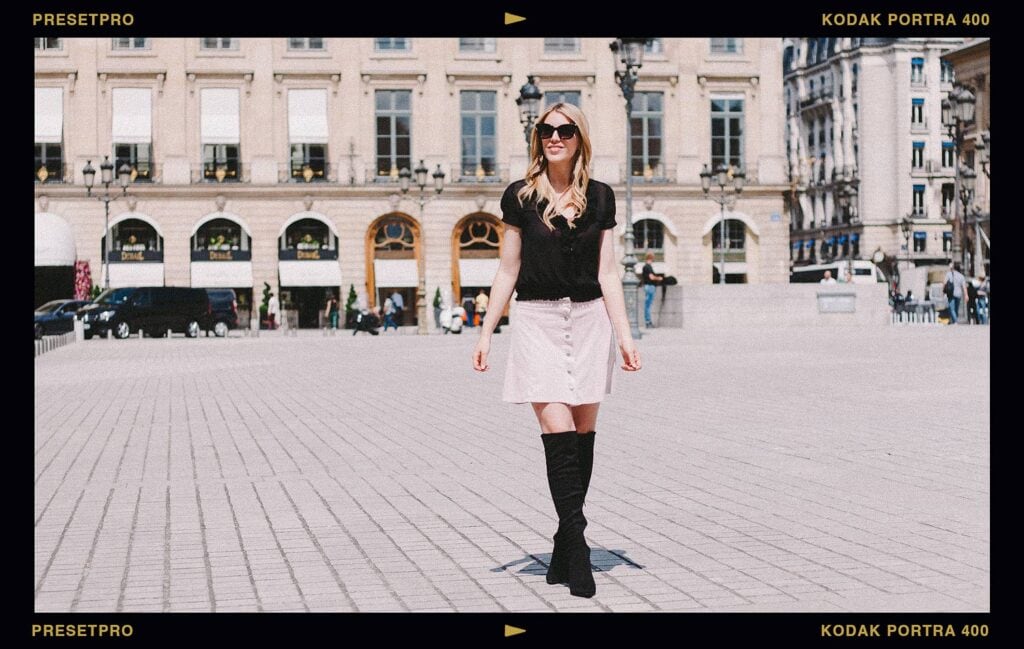 Side-by-side comparison of a fashion portrait using the Portra 400 Featured Lightroom Preset with a Kodak film border.