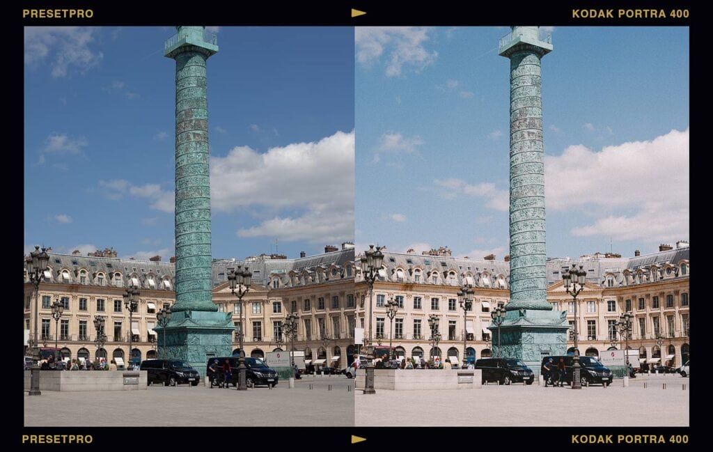 Architecture comparison of a teal column in Paris edited with the Portra 400 Featured Lightroom Preset.