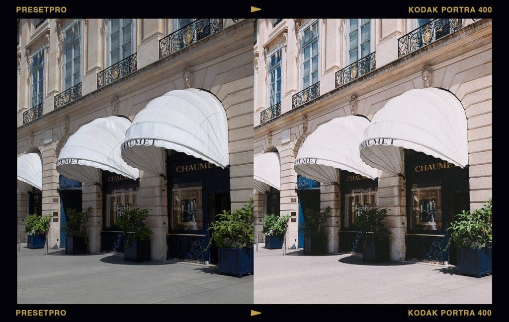Comparison of white awnings on a building showing soft highlights using the Portra 400 Featured Lightroom Preset.