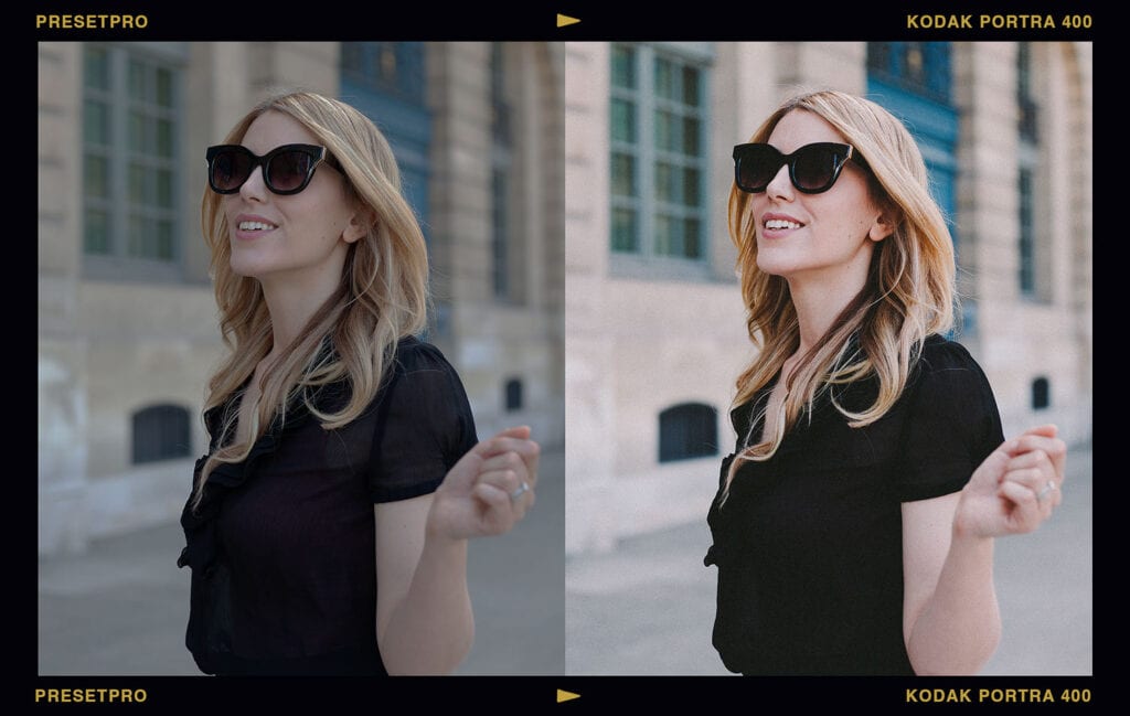 Close-up portrait of a smiling woman showing natural skin tones using the Portra 400 Featured Lightroom Preset.