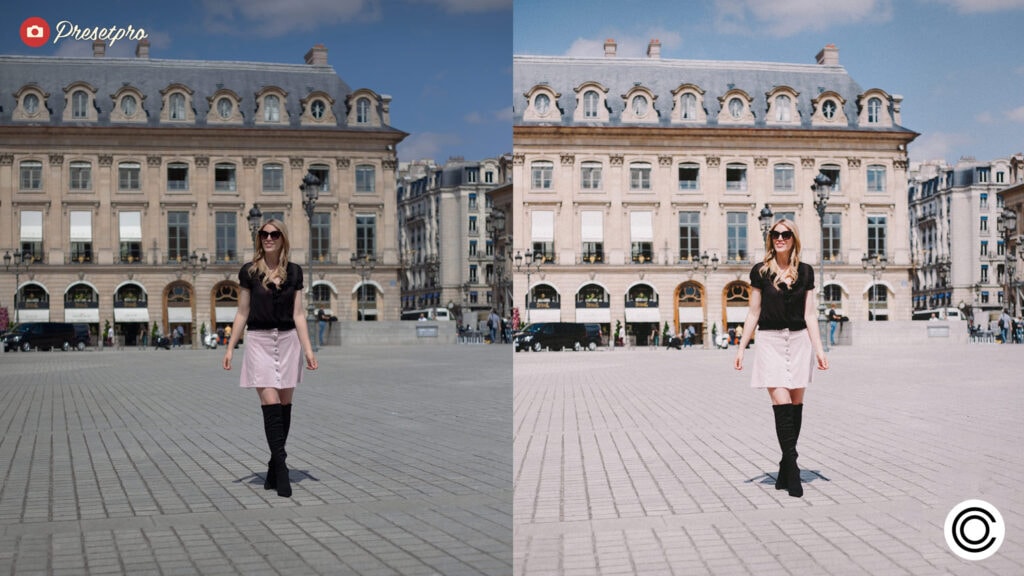 Split screen showing the effect of the Portra 800 film preset on an outdoor street portrait.