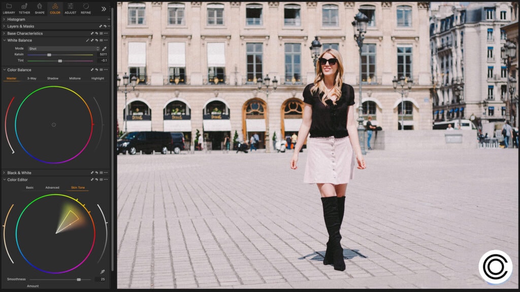 Capture One Pro interface showing color wheels and grading settings for the Portra 800 style.