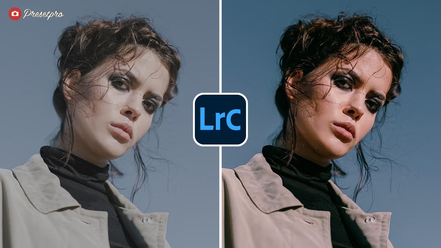 Side-by-side comparison of a fashion portrait using the 35mm Film Free Lightroom Preset.