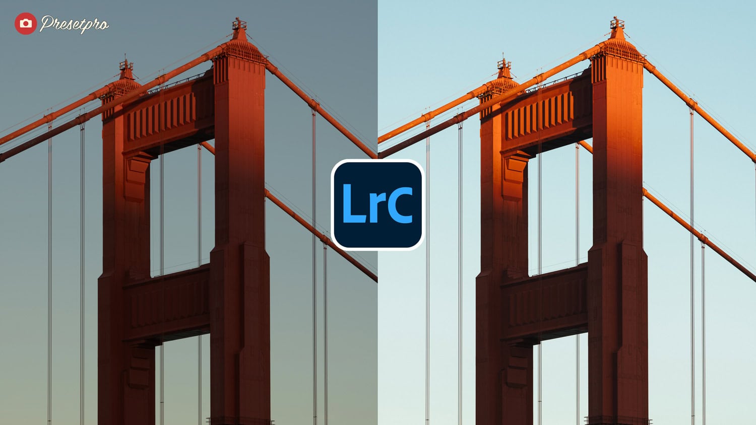 Side-by-side comparison of the Golden Gate Bridge using the Astia Film Free Lightroom Preset.