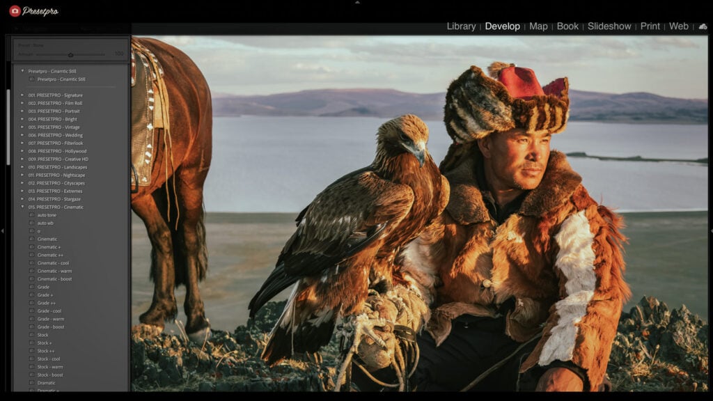 Screenshot of Adobe Lightroom Classic workspace showing the Cinematic Still preset selected in the Presets panel on the left side, applied to a photo of a Mongolian eagle hunter.