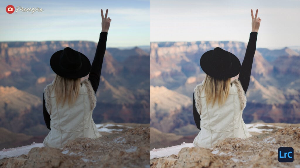 Woman with blonde hair wearing black hat and cream vest sitting on rocks at Grand Canyon, illustrating photo editing presets.