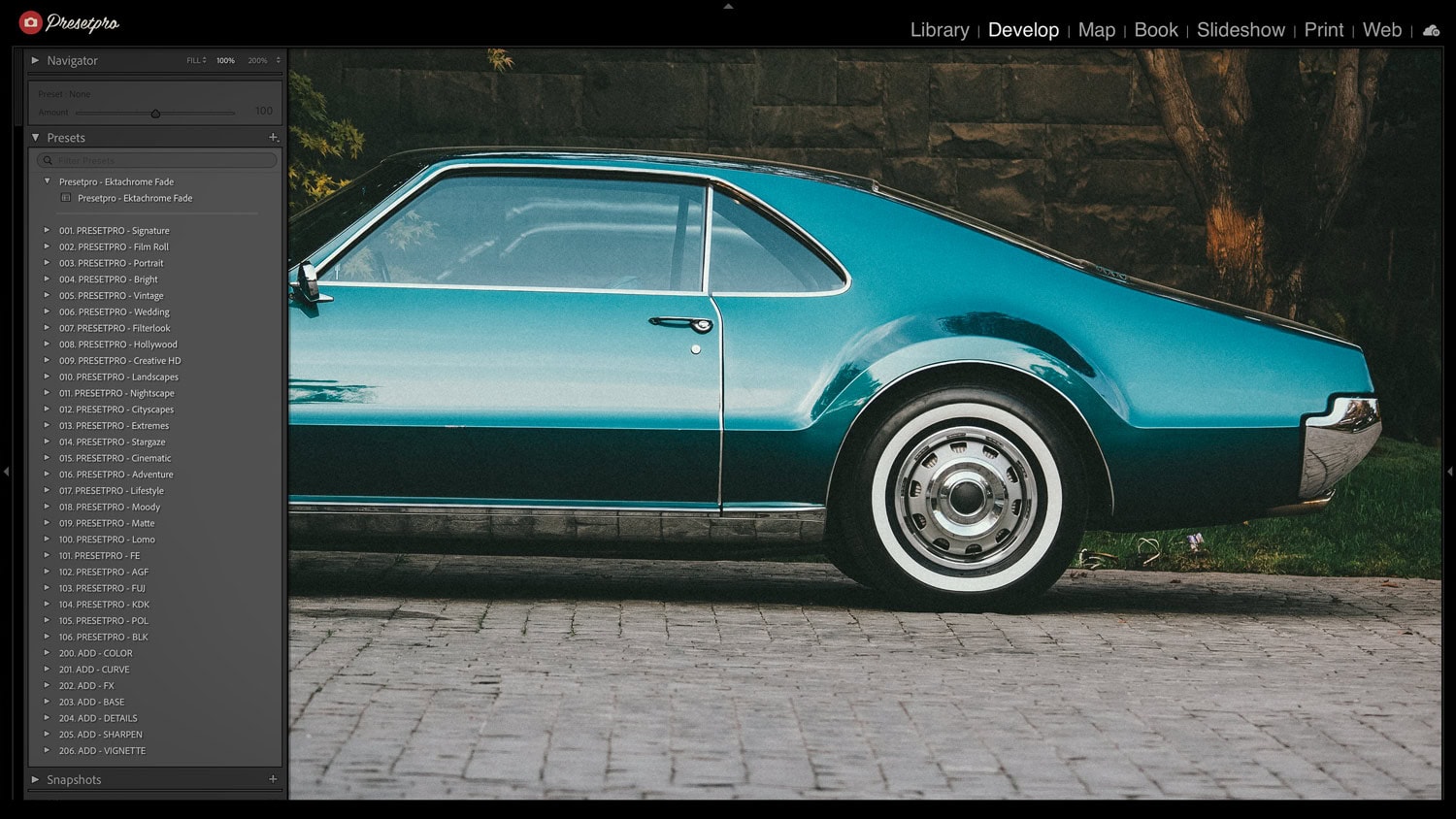 Adobe Lightroom Classic interface showing the Ektachrome Fade Free Lightroom Preset applied to a classic teal car.