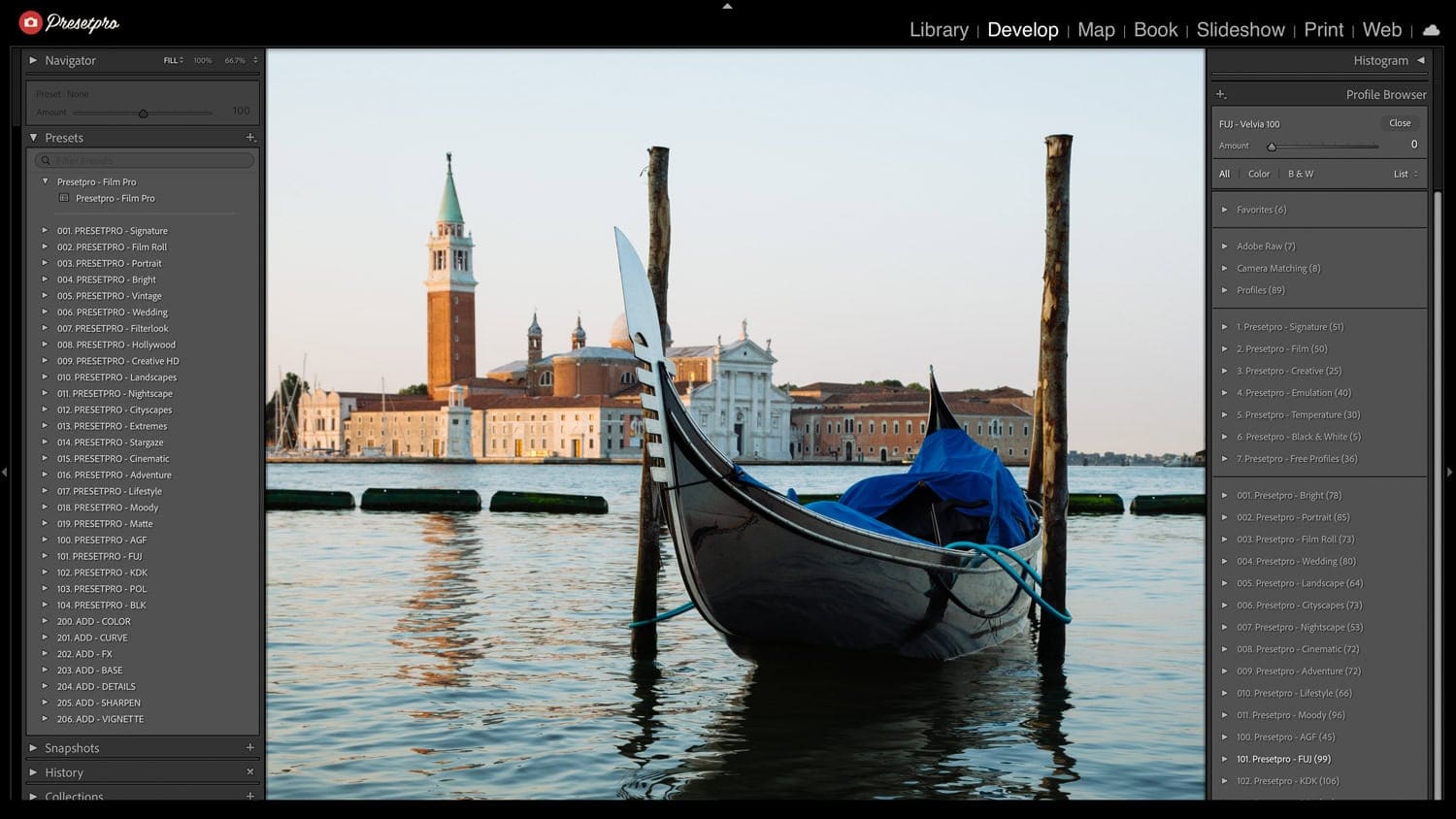 Gondola on the water with historic Venice buildings in the background, showcasing vibrant landscape presets.