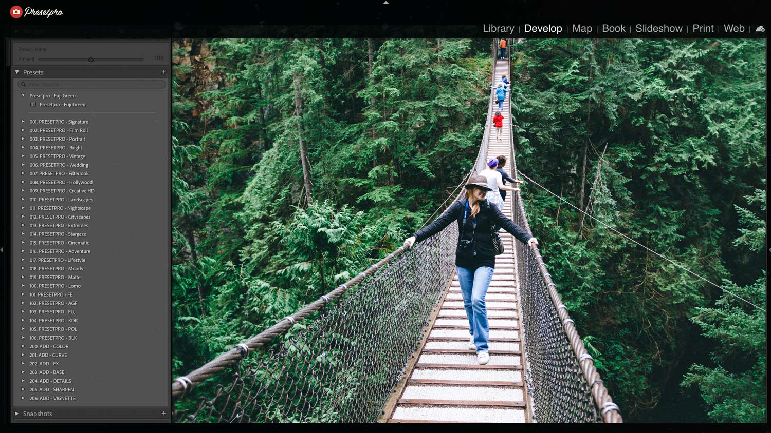 Adobe Lightroom Classic interface showing the Fuji Green Free Lightroom Preset applied to a suspension bridge in a lush forest.