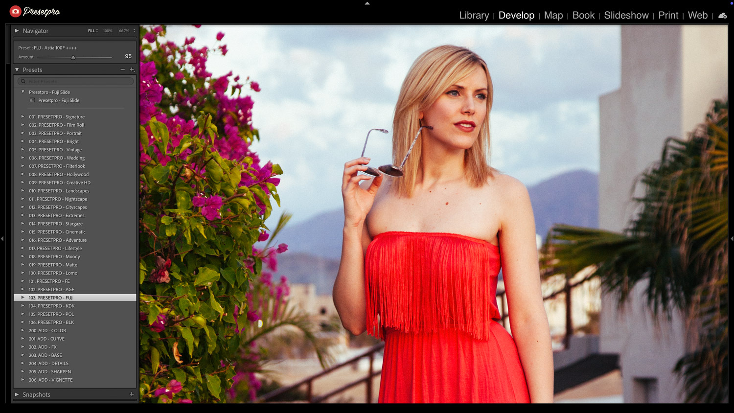 Adobe Lightroom Classic interface showing the Fuji Slide Free Lightroom Preset applied to a portrait of a woman in a red dress.
