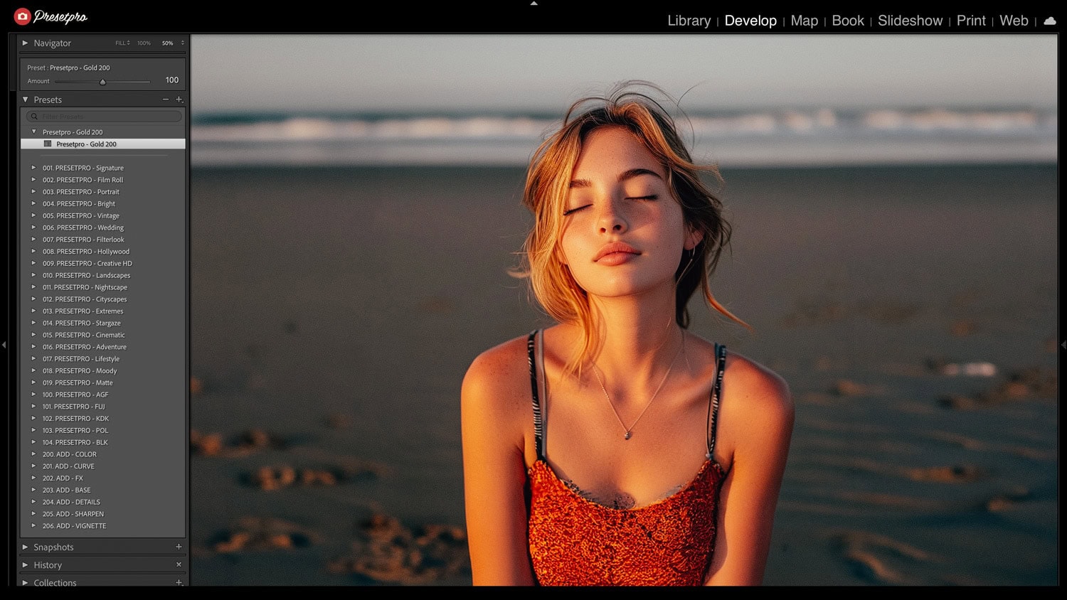 Adobe Lightroom Classic interface displaying the Kodak Gold 200 Free Lightroom Preset applied to a golden hour beach portrait.