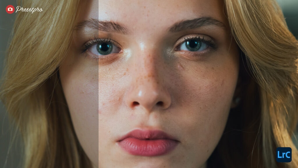 A close-up cinematic portrait edit using the Movie Vibe Free Lightroom Preset with the LrC logo in the bottom right.