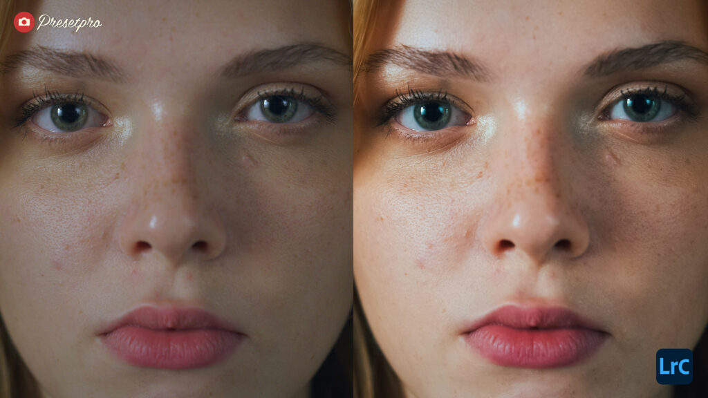 Before and after comparison of a female portrait processed with the Movie Vibe Free Lightroom Preset.