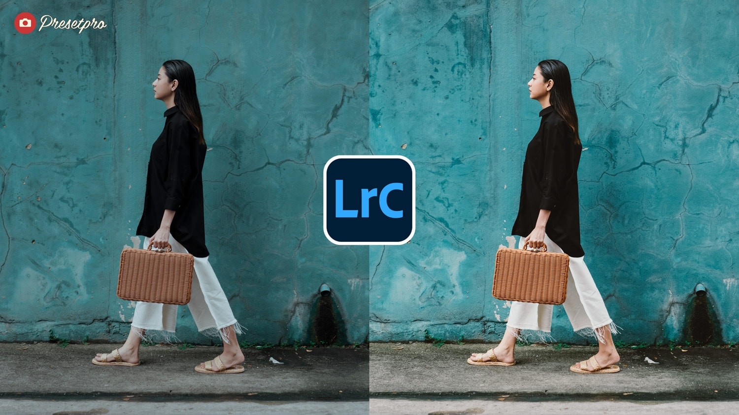 Side-by-side comparison of a fashion shot against a teal wall using the Velvia Film Free Lightroom Preset.