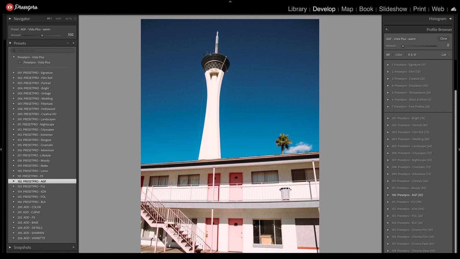Adobe Lightroom Classic interface showing the Vista Plus Free Lightroom Preset applied to a retro motel travel photo.