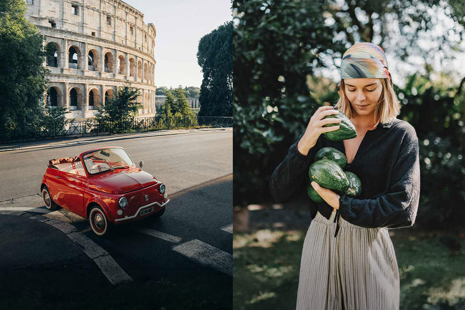 A split photo showing two scenes edited with an earthy olive film look. The left side features a vintage red Fiat 500 convertible parked on a sunlit street in front of the Colosseum in Rome. The right side features a woman outdoors in a lush green setting, wearing a colorful headscarf and holding several large green avocados.