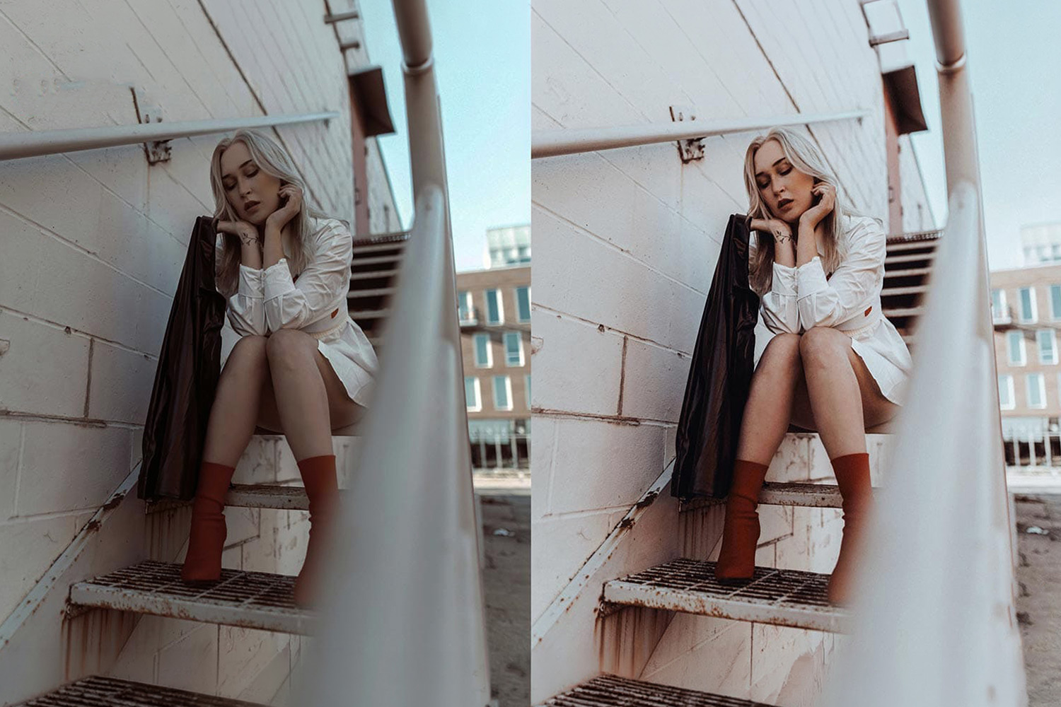 A side-by-side comparison of an urban fashion portrait showing a blonde woman sitting on outdoor metal stairs against a white block wall, wearing a white dress and red boots. The edited image demonstrates a Portra 400 film emulation, revealing enhanced warmth, smooth natural skin tones, and a classic analog film texture.