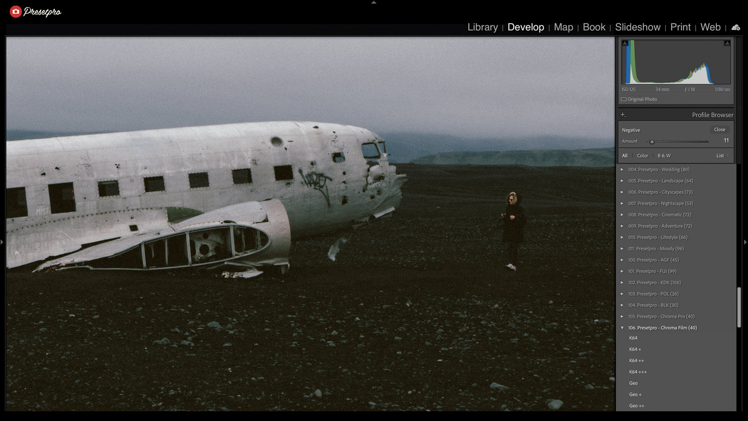 Abandoned airplane on a dark landscape with a person standing nearby, Nordic film emulation style.