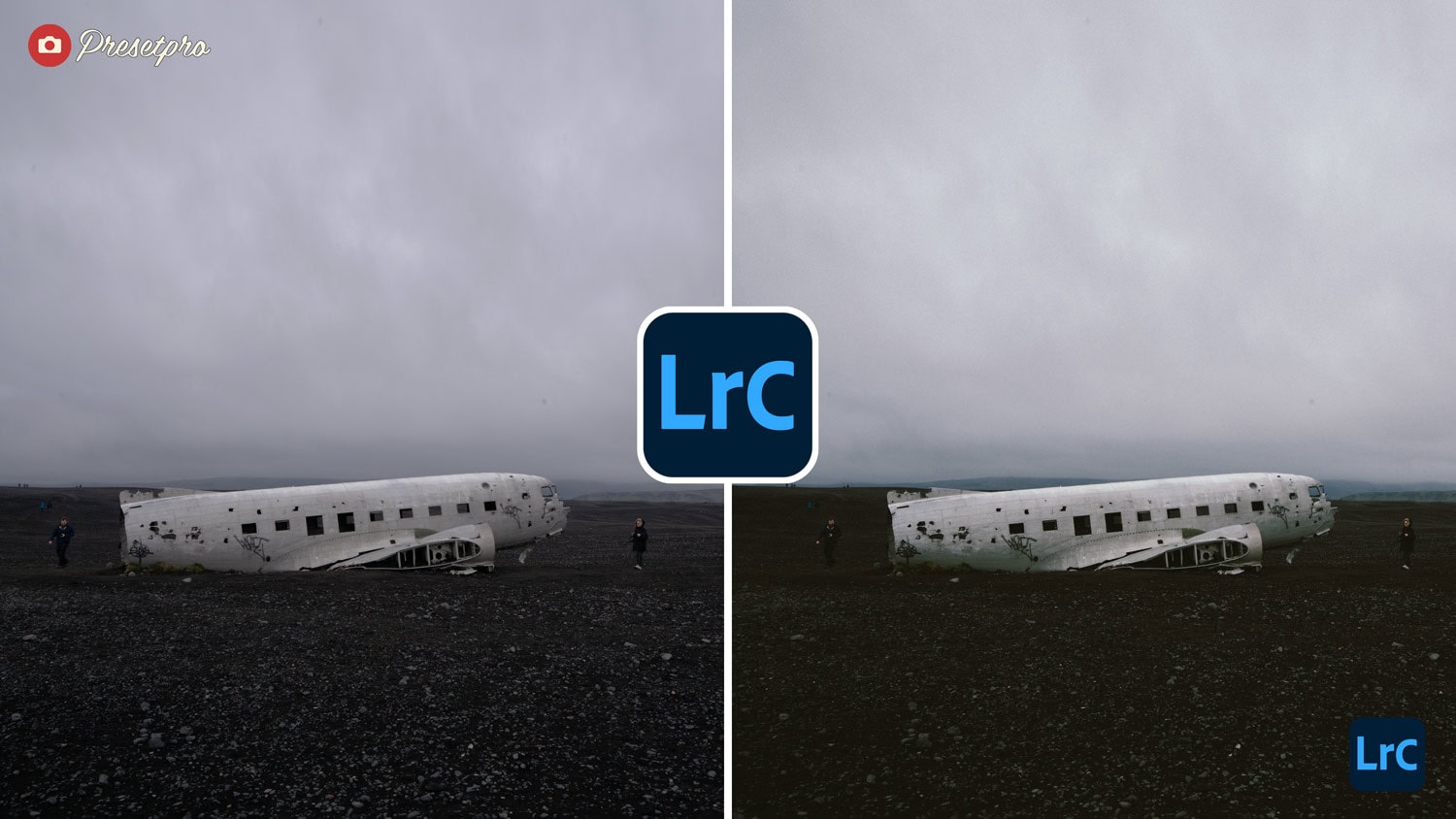 Aircraft wreck on a moody, overcast beach with dark sand and cloudy sky.