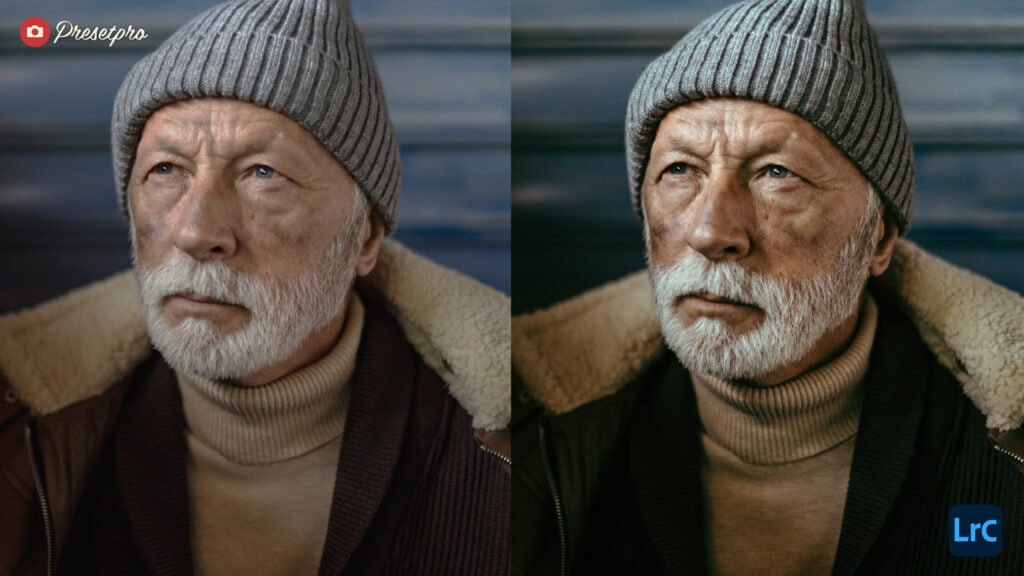 Portrait of an elderly man with a beanie, enhanced with Fujifilm-inspired Lightroom preset.