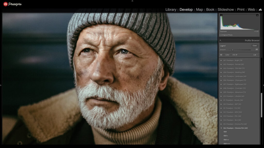 Portrait of an elderly man with a beanie, enhanced with Fujifilm-inspired Lightroom preset.