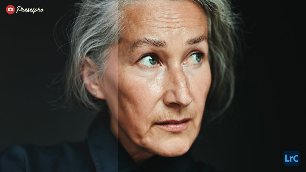 Woman with gray hair using cinematic fade Lightroom preset for a movie-style look.