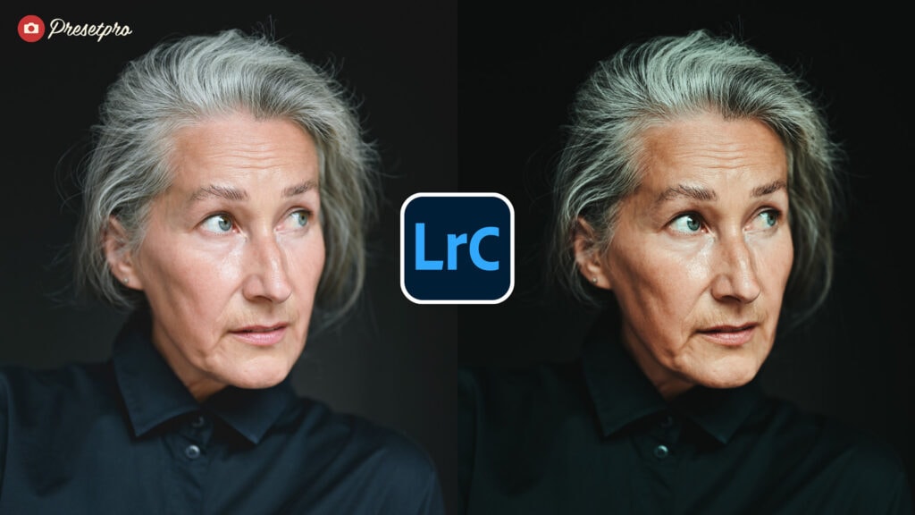 Woman with gray hair before and after applying cinematic fade Lightroom preset.