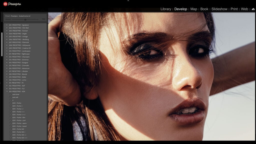 Close-up of a woman with sunlit face, showcasing vintage film emulation effect.