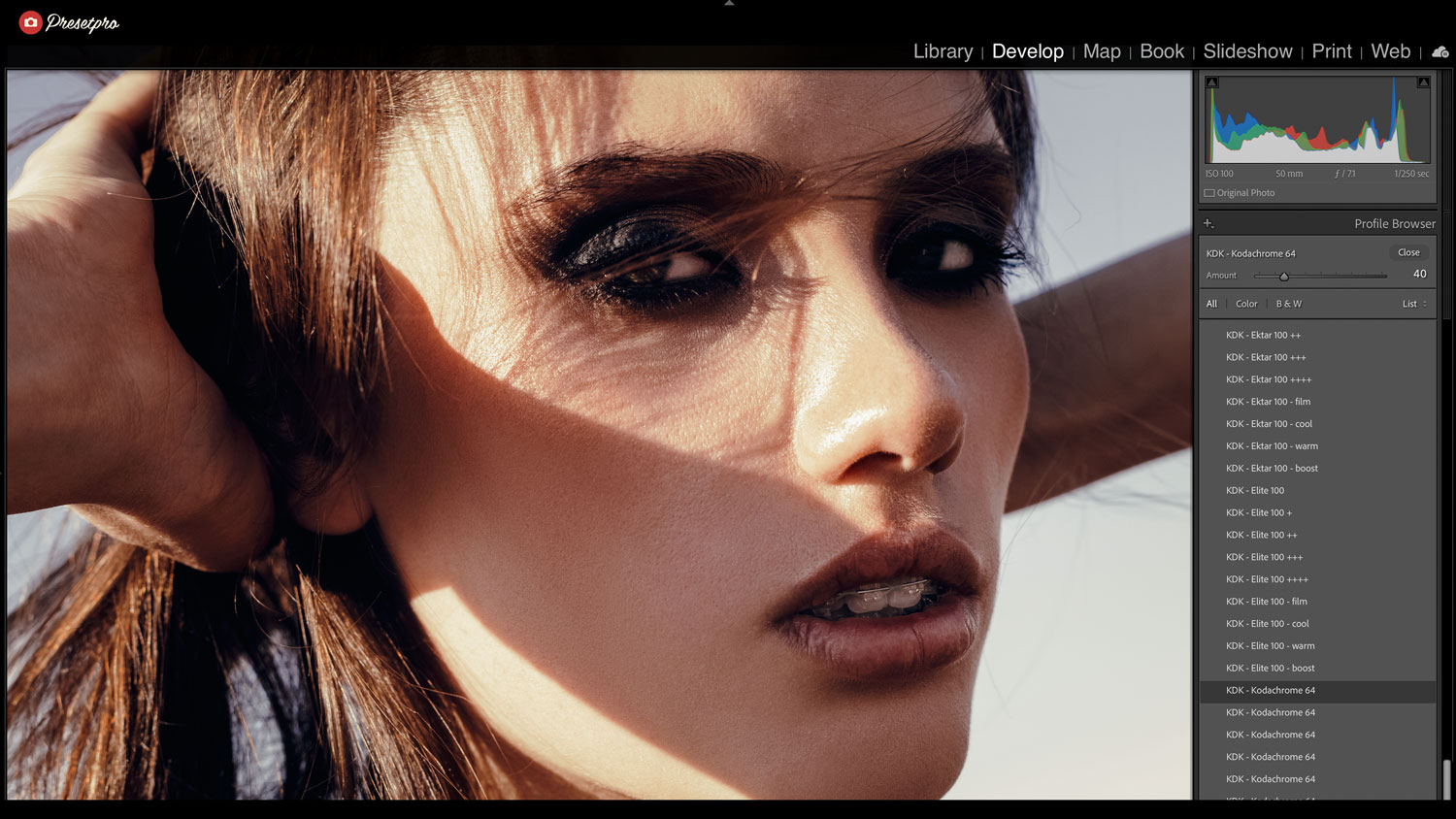 Beautiful portrait with vintage Kodachrome 64 film emulation preset applied.