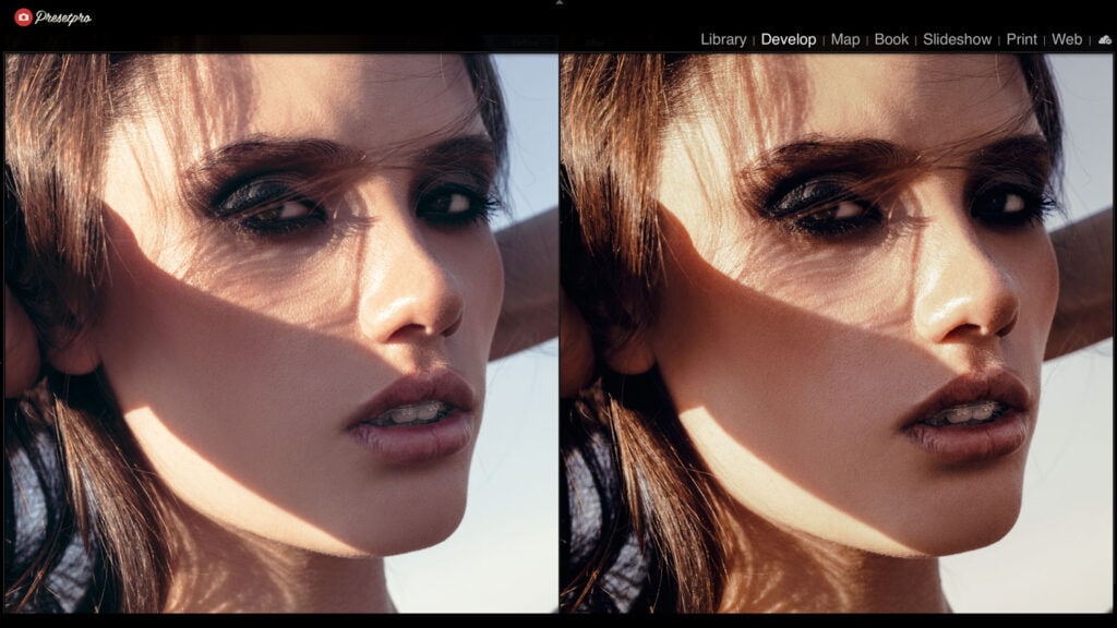 Close-up portrait of a woman with vintage film emulation effect, showcasing warm tones and classic s.