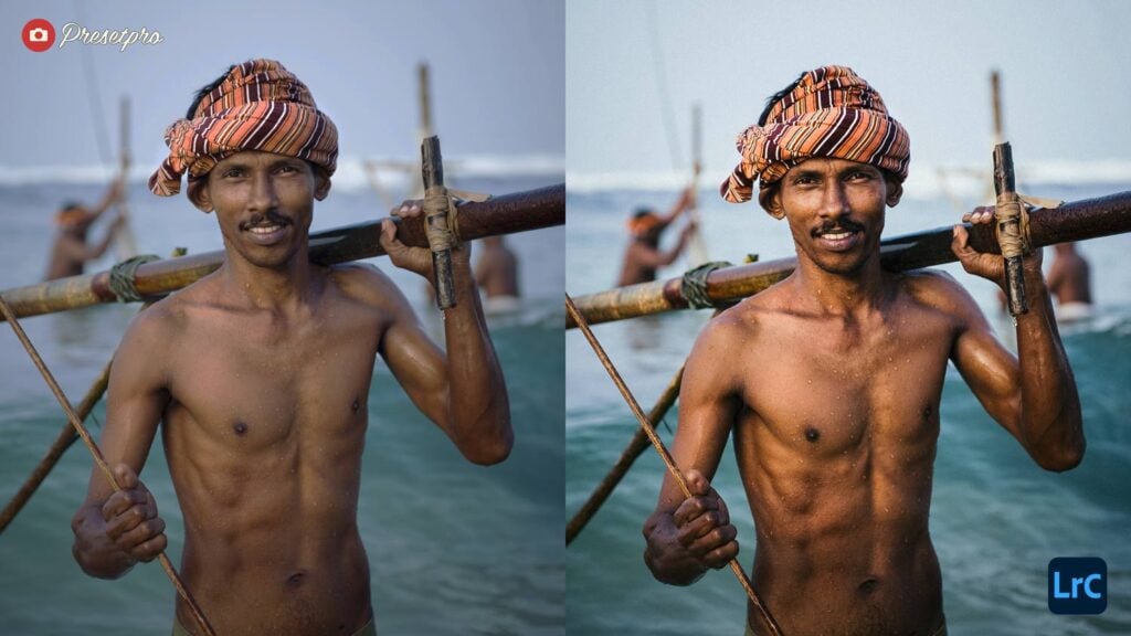 A split-screen before and after comparison of a travel portrait featuring a smiling man in the water. The edited side features an LrC logo and demonstrates the 35mm Slide Lightroom preset with deep color blending and rich analog warmth.