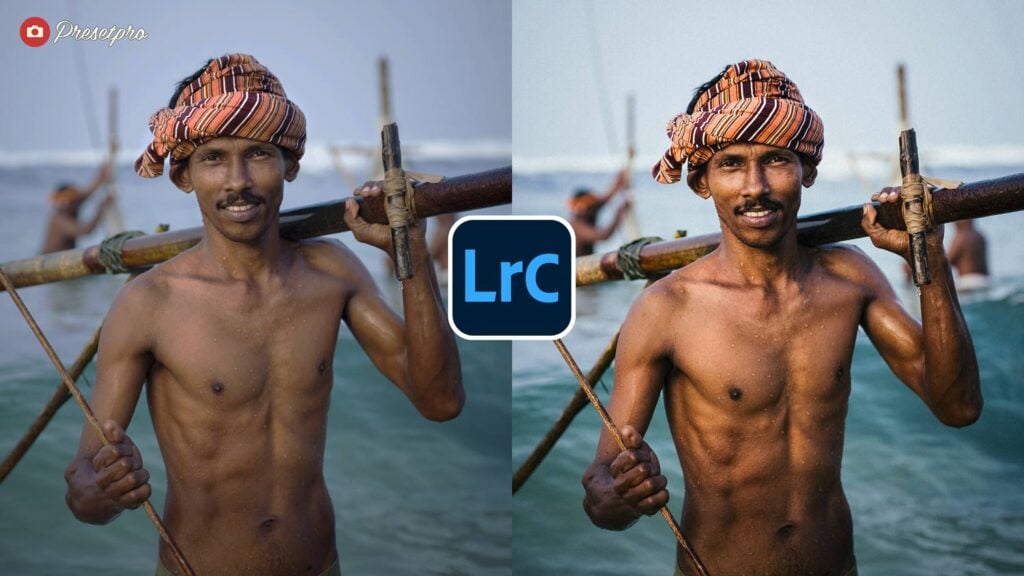 A split-screen before and after comparison of a travel portrait featuring a smiling man in the water. The edited side demonstrates the 35mm Slide Lightroom preset with deep color blending and rich analog warmth.